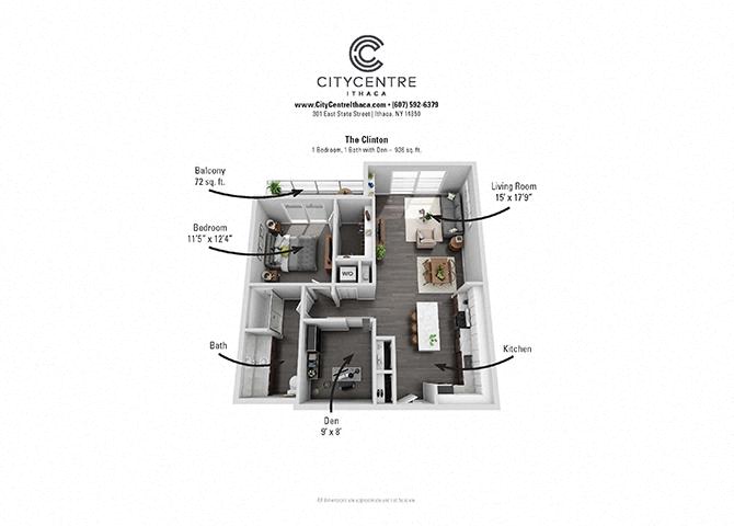 Floor plan for 1 bed, 1 bath, 936 sqft