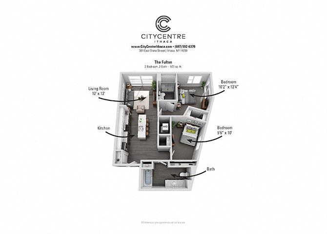 Floor plan for 2 beds, 2 baths, 973 sqft