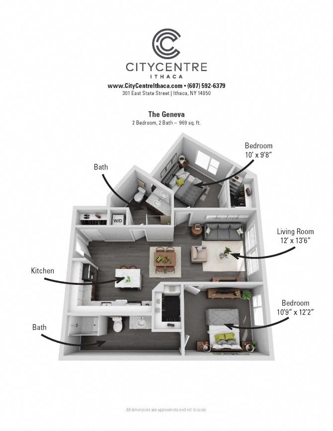Floor plan for 2 beds, 2 baths, 969 sqft