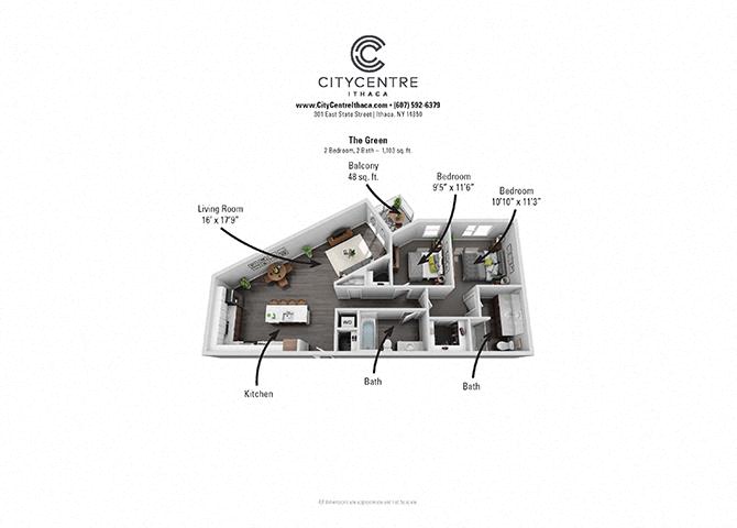 Floor plan for 2 beds, 2 baths, 1103 sqft