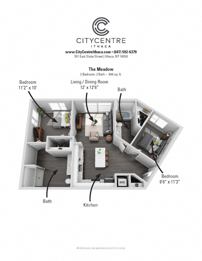 Floor plan for 2 beds, 2 baths, 866 sqft