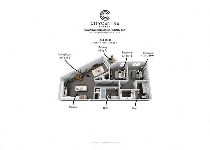 Floor plan for 2 beds, 2 baths, 1136 sqft