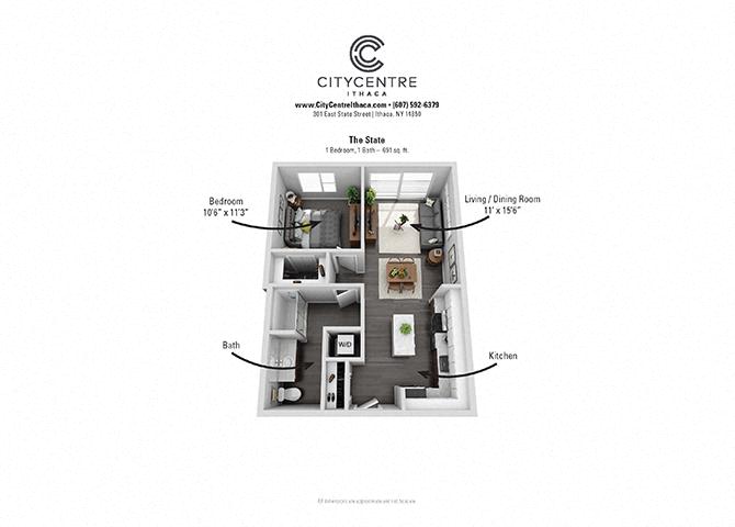 Floor plan for 1 bed, 1 bath, 690 sqft