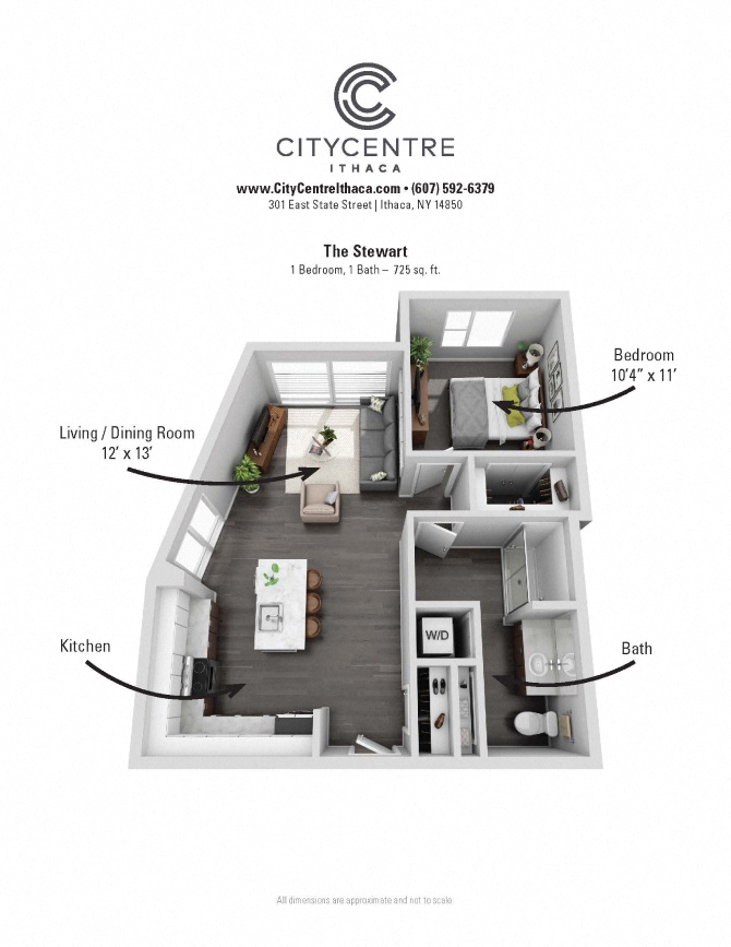 Floor plan for 1 bed, 1 bath, 725 sqft