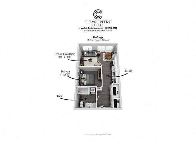 Floor plan for 1 bed, 1 bath, 606 sqft