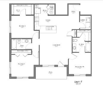 Floor plan for 3 beds, 2 baths, 1300 sqft