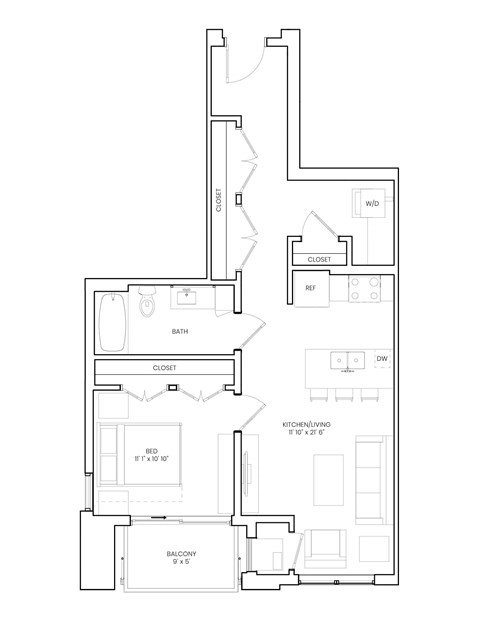 Floor plan for 1 bed, 1 bath, 797 sqft