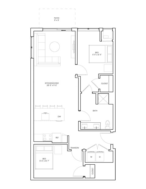 Floor plan for 2 beds, 1 bath, 956 sqft