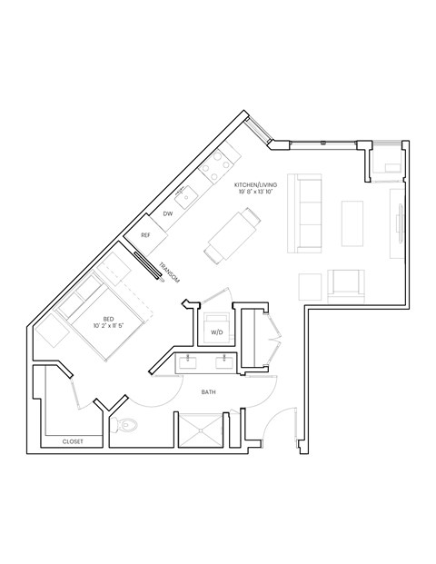 Floor plan for 1 bed, 1 bath, 700 sqft
