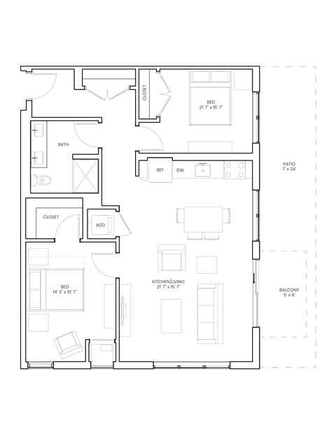 Floor plan for 2 beds, 1 bath, 949 sqft