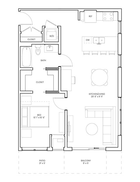 Floor plan for 1 bed, 1 bath, 770 sqft