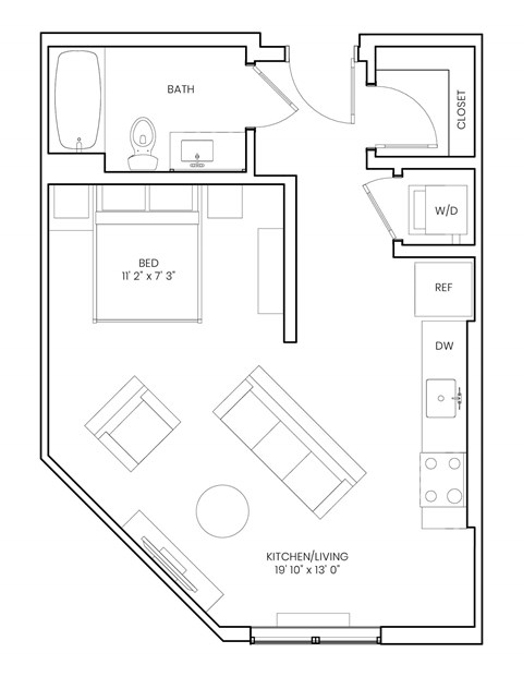 Floor plan for studio, 1 bath, 530 sqft