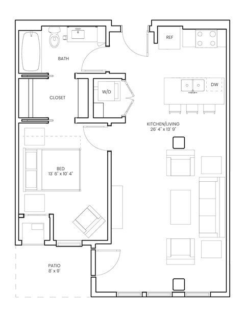 Floor plan for 1 bed, 1 bath, 753 sqft