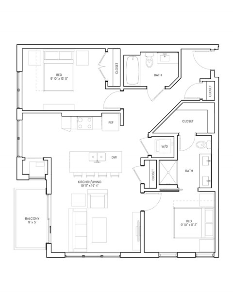 Floor plan for 2 beds, 2 baths, 1031 sqft