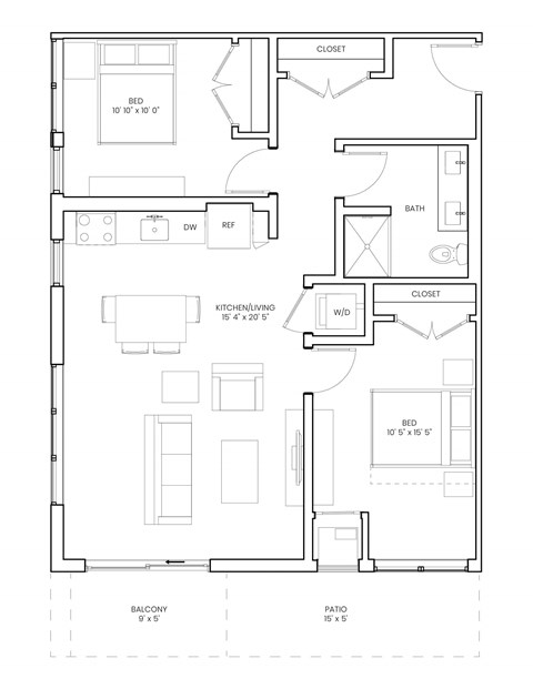 Floor plan for 2 beds, 1 bath, 917 sqft