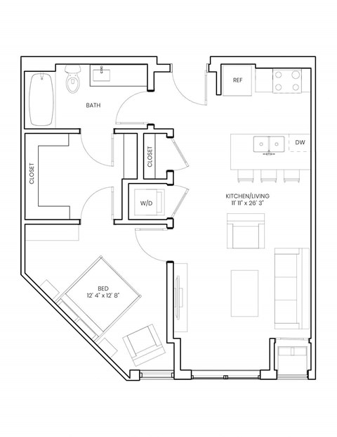 Floor plan for 1 bed, 1 bath, 667 sqft