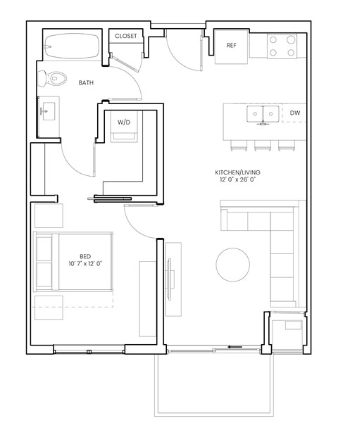 Floor plan for 1 bed, 1 bath, 665 sqft