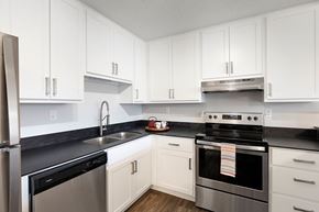 Maple Grove apartment for rent - Corner view of kitchen with white cabinetry and stainless steel appliances and black quartz countertops