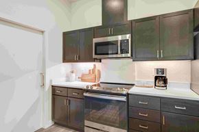 Happy Valley apartment for rent - a kitchen with black cabinets and a stove and a microwave
