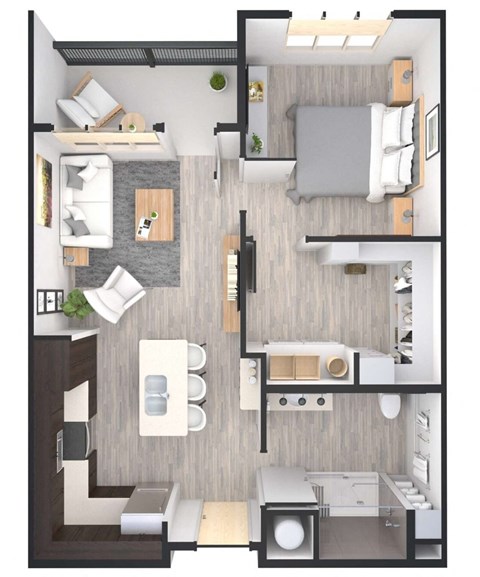 Floor plan for 1 bed, 1 bath, 742 sqft