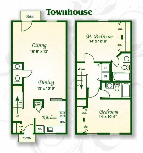 Floor plan for 2 beds, 2.5 baths, 1154 sqft