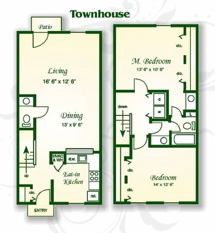 Floor plan for 2 beds, 1.5 baths, 1154 sqft