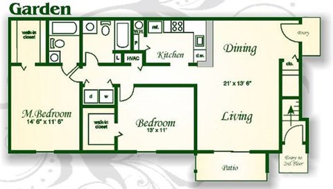 Floor plan for 2 beds, 2 baths, 1086 sqft
