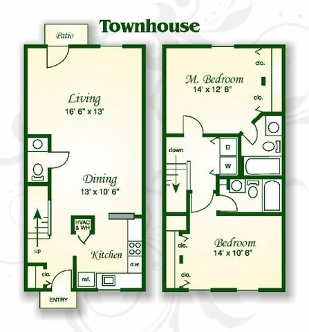 Floor plan for 2 beds, 2.5 baths, 1159 sqft