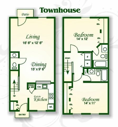 Floor plan for 2 beds, 2.5 baths, 1159 sqft