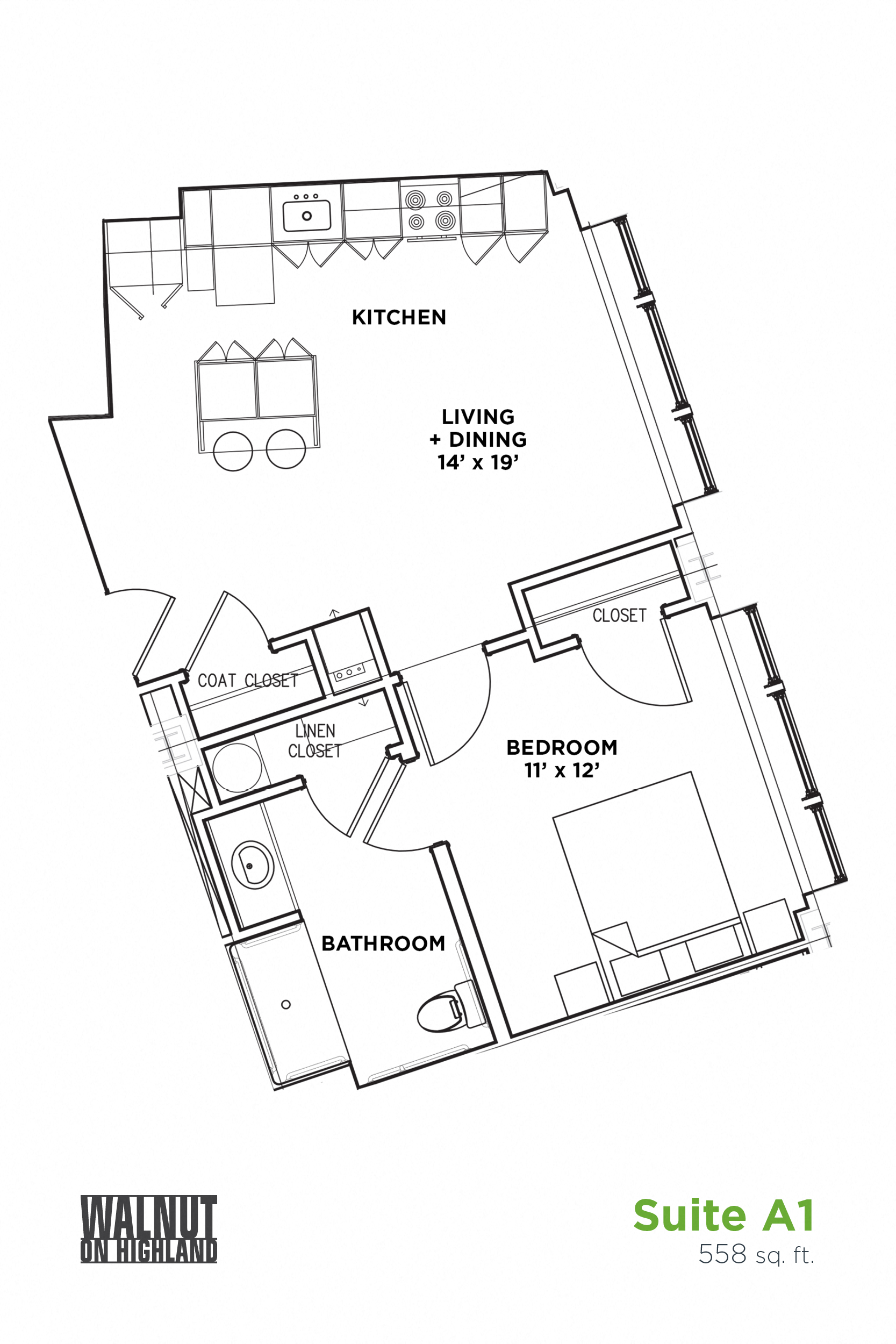 Floor plan for 1 bed, 1 bath, 558 sqft