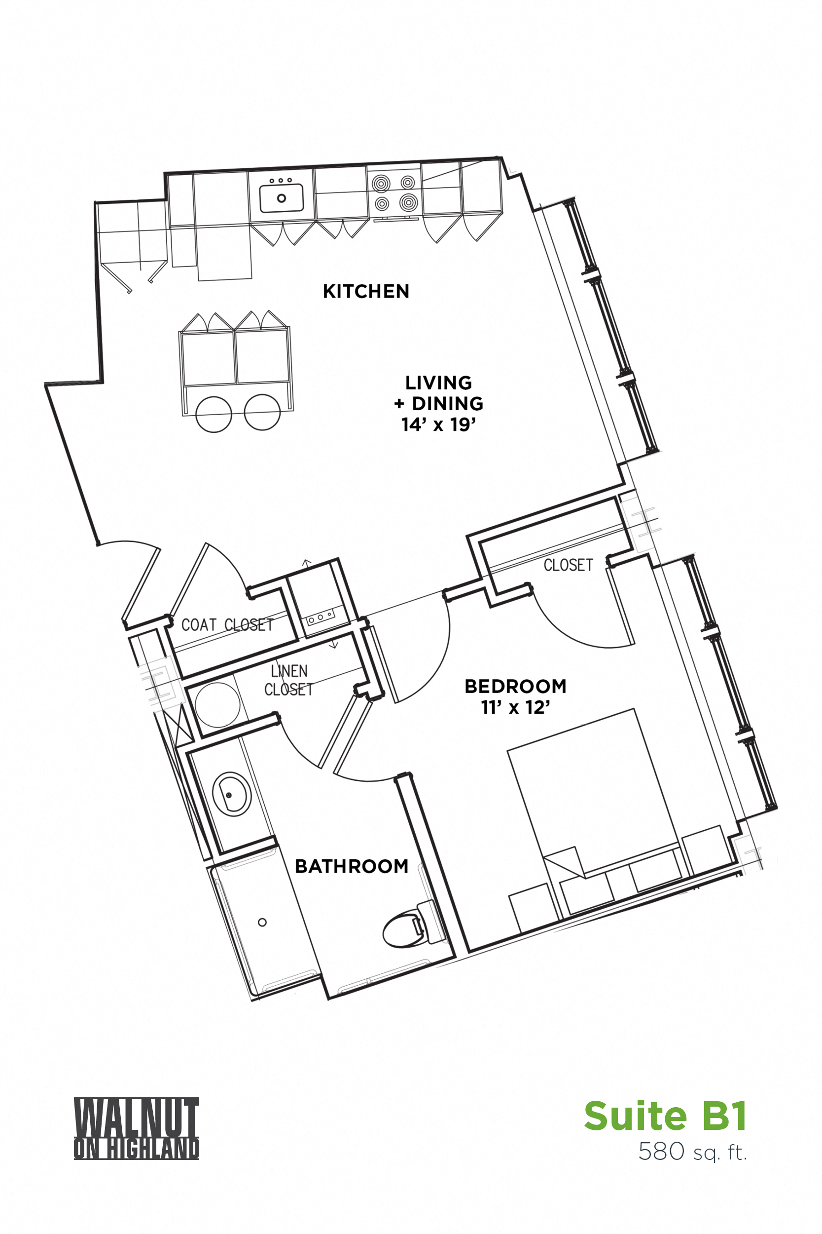Floor plan for 1 bed, 1 bath, 580 sqft