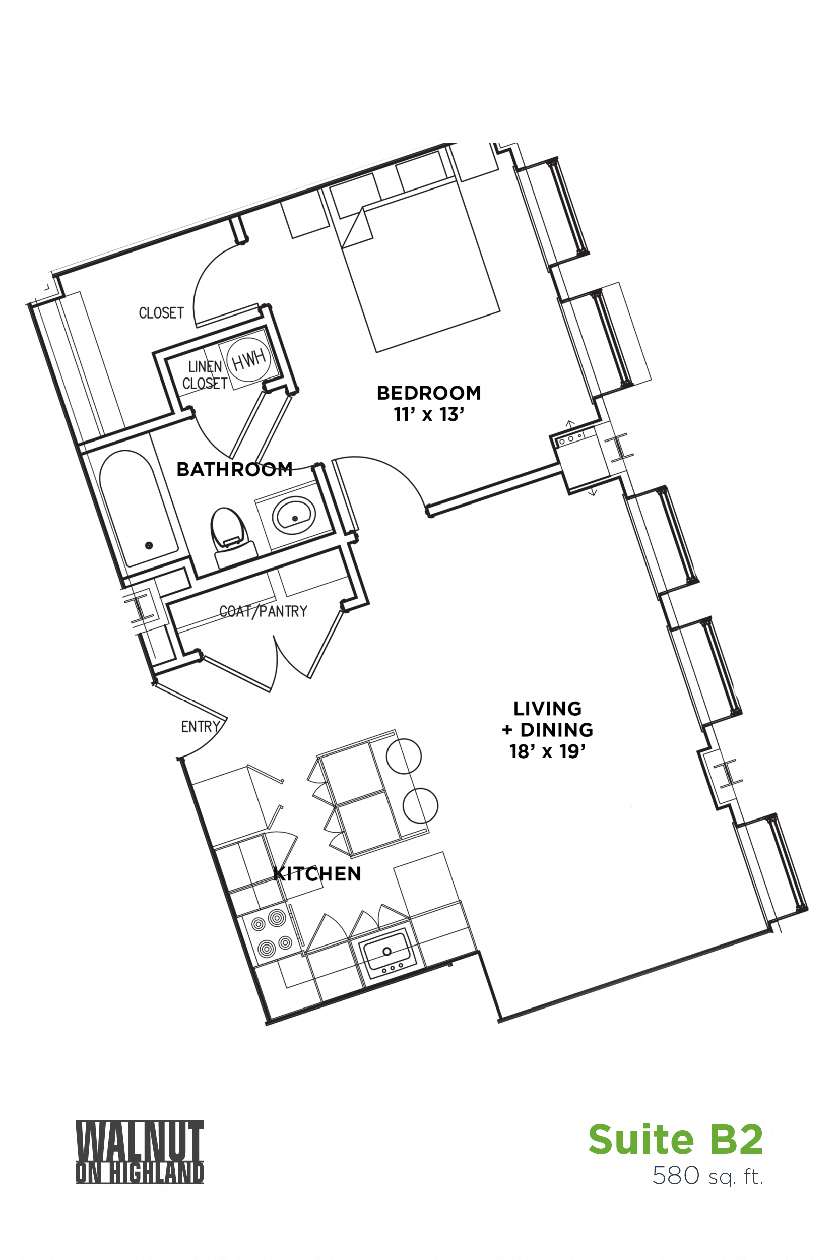 Floor plan for 1 bed, 1 bath, 580 sqft