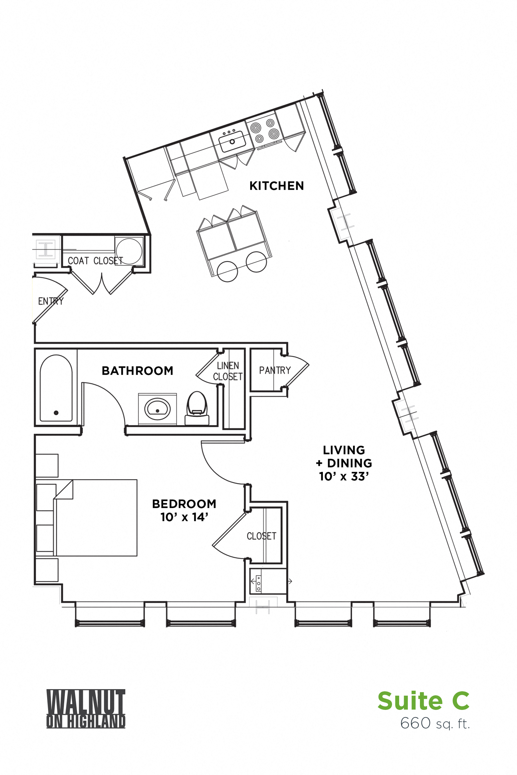 Floor plan for 1 bed, 1 bath, 660 sqft