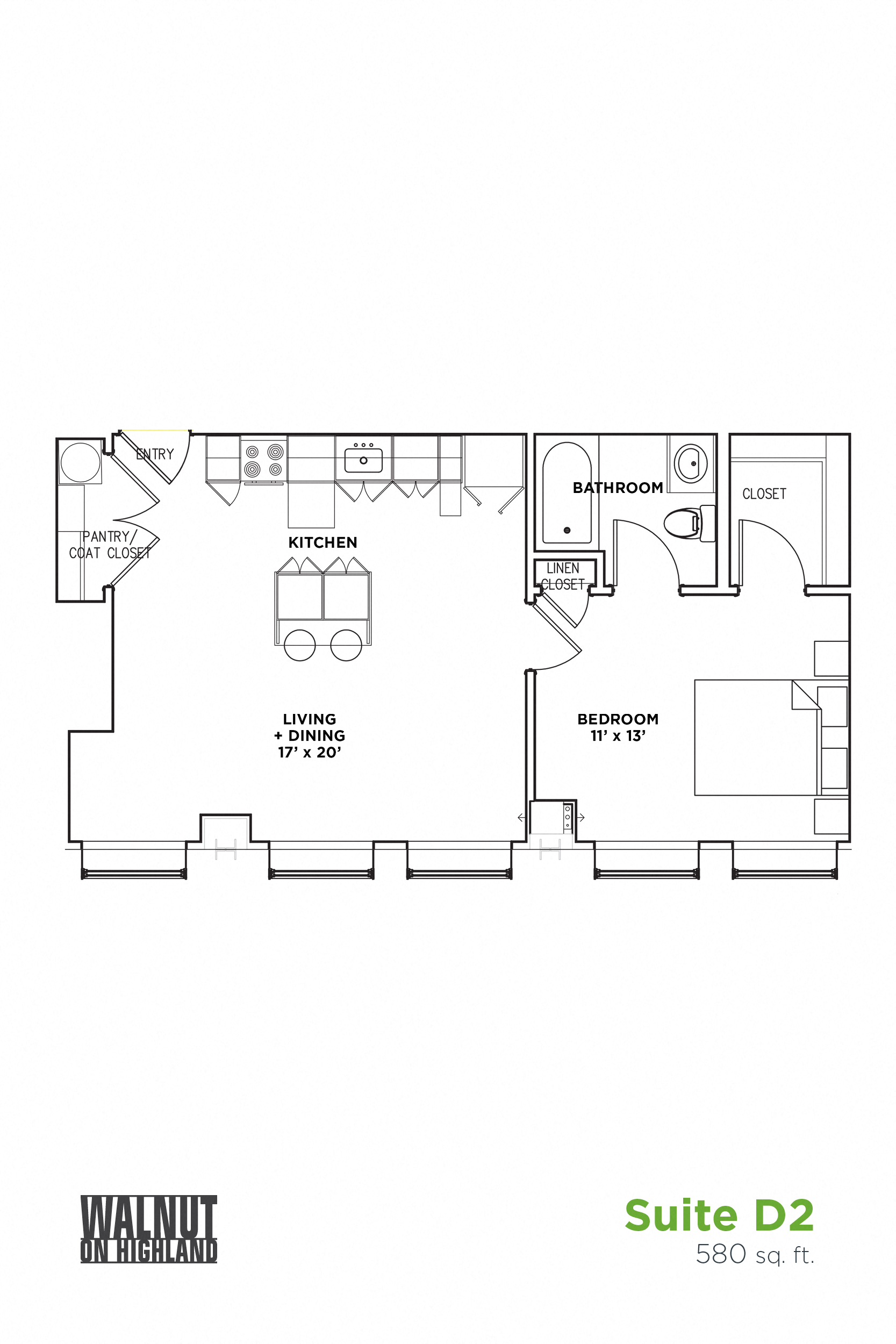 Floor plan for 1 bed, 1 bath, 580 sqft