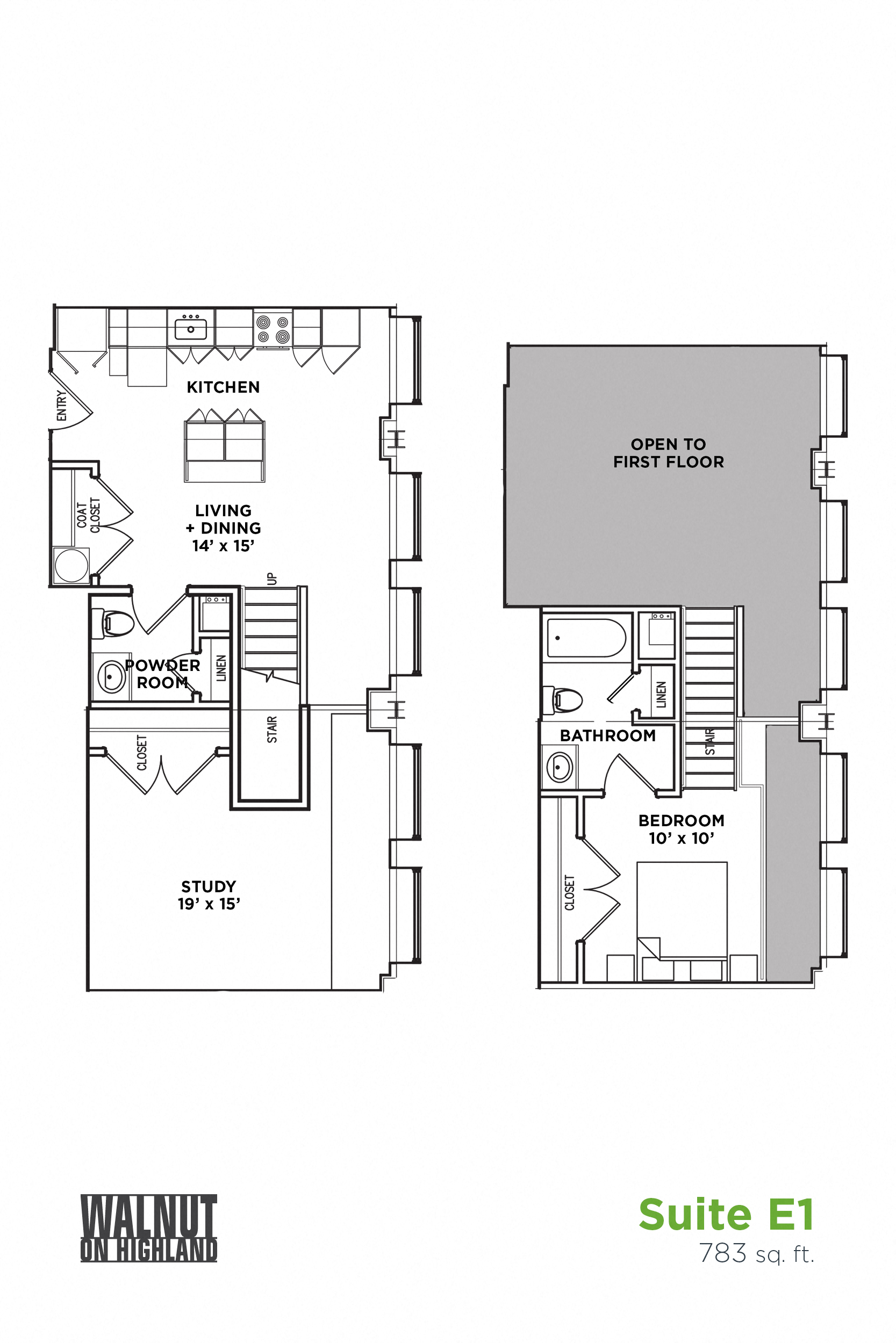 Floor plan for 1 bed, 1.5 baths, 783 sqft