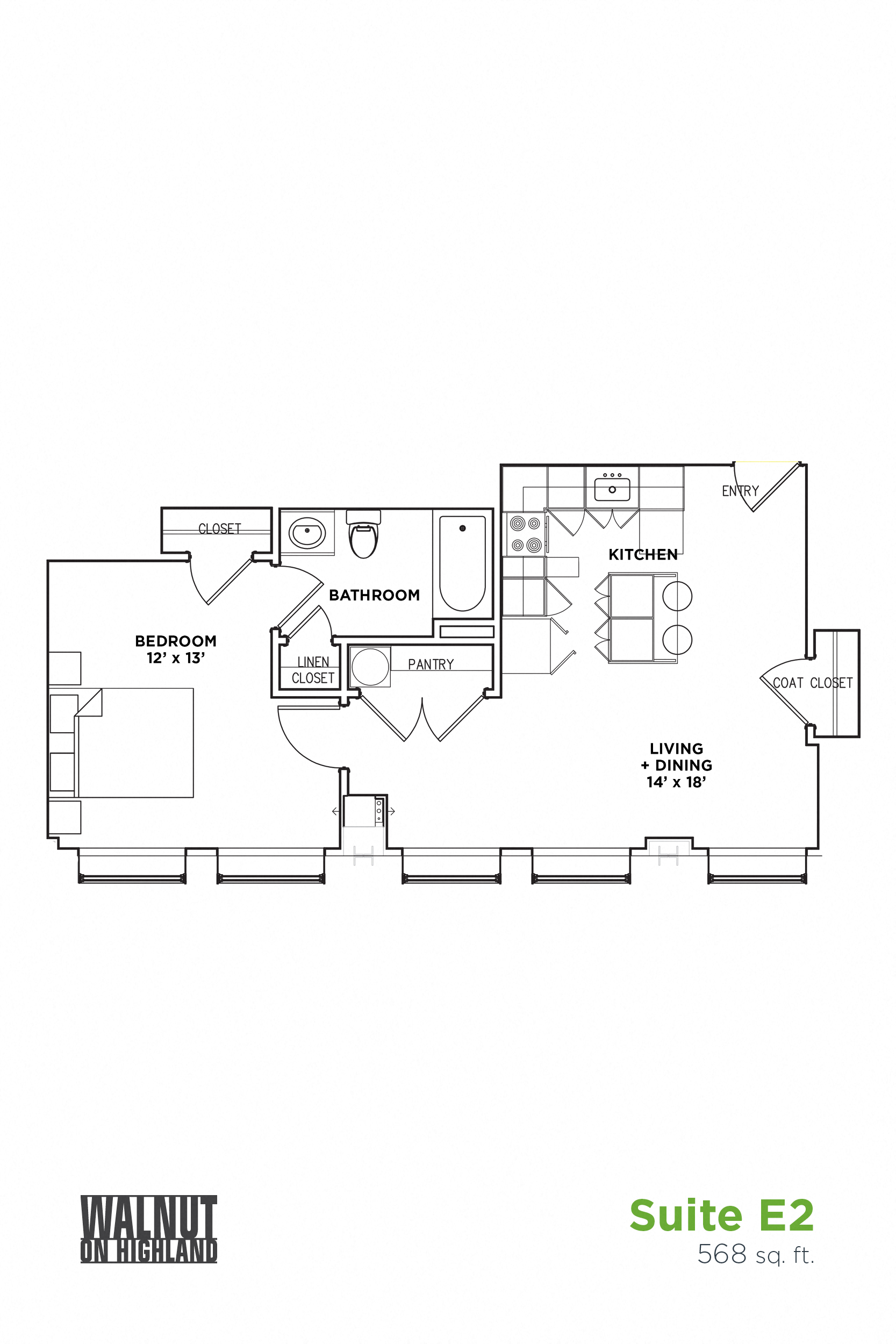 Floor plan for 1 bed, 1 bath, 568 sqft
