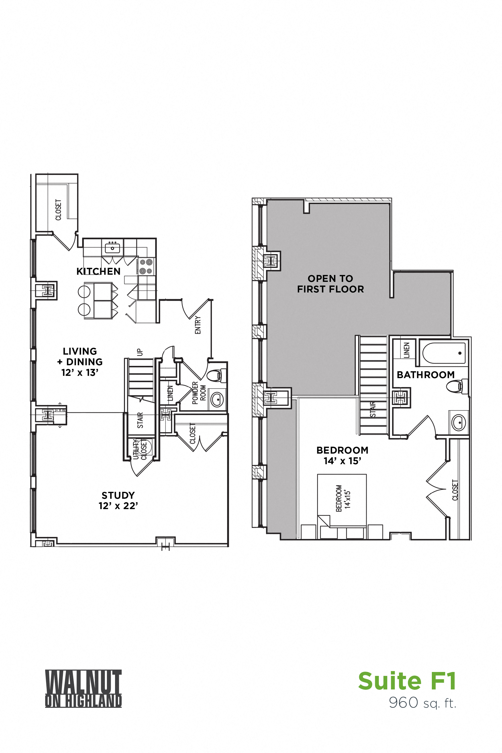 Floor plan for 1 bed, 1.5 baths, 960 sqft