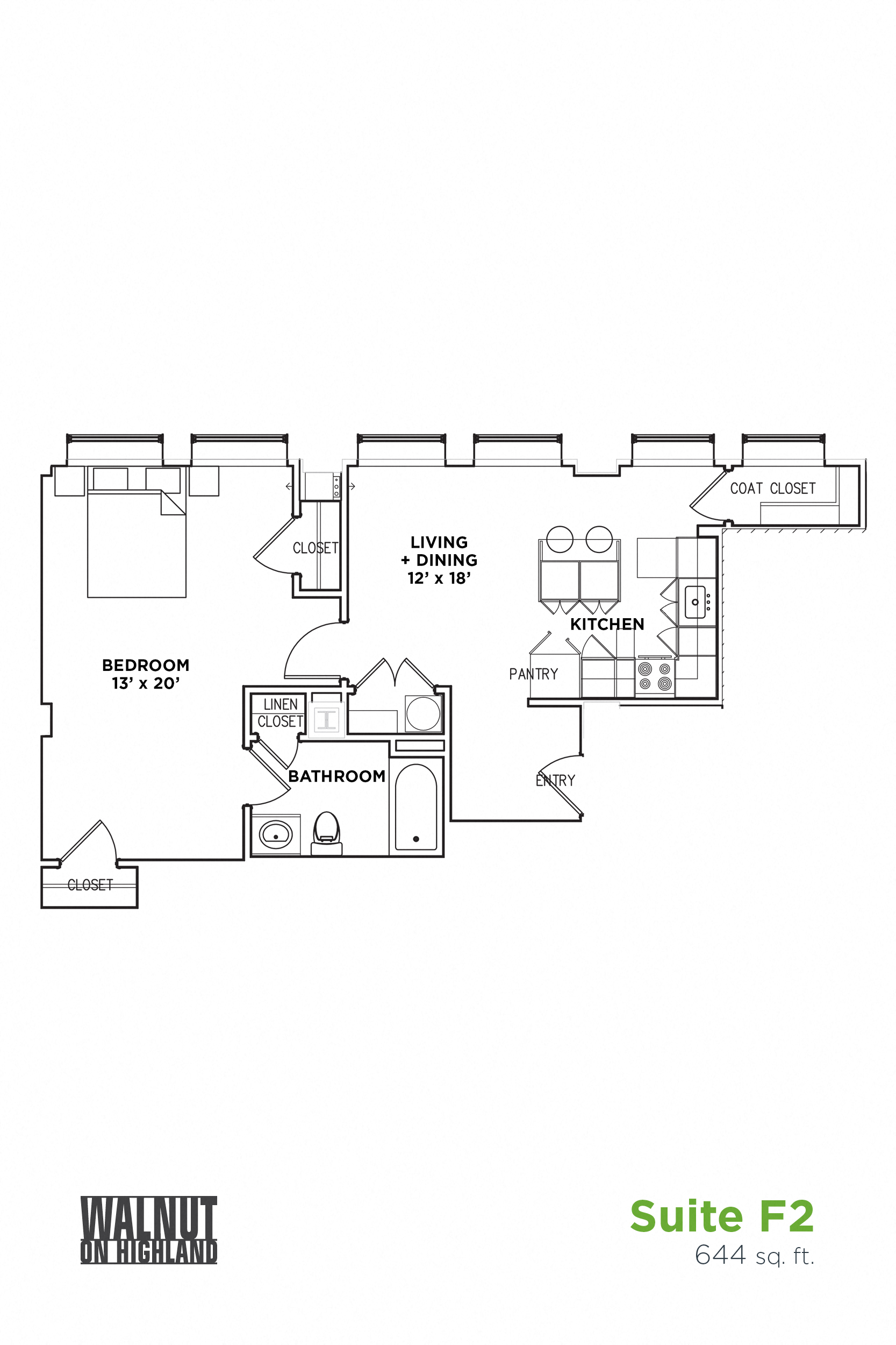 Floor plan for 1 bed, 1 bath, 644 sqft