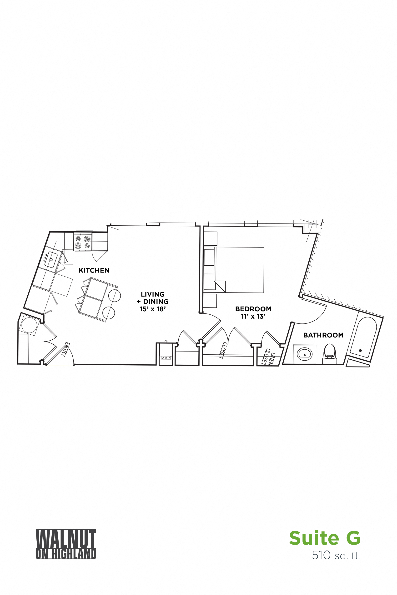 Floor plan for 1 bed, 1 bath, 510 sqft