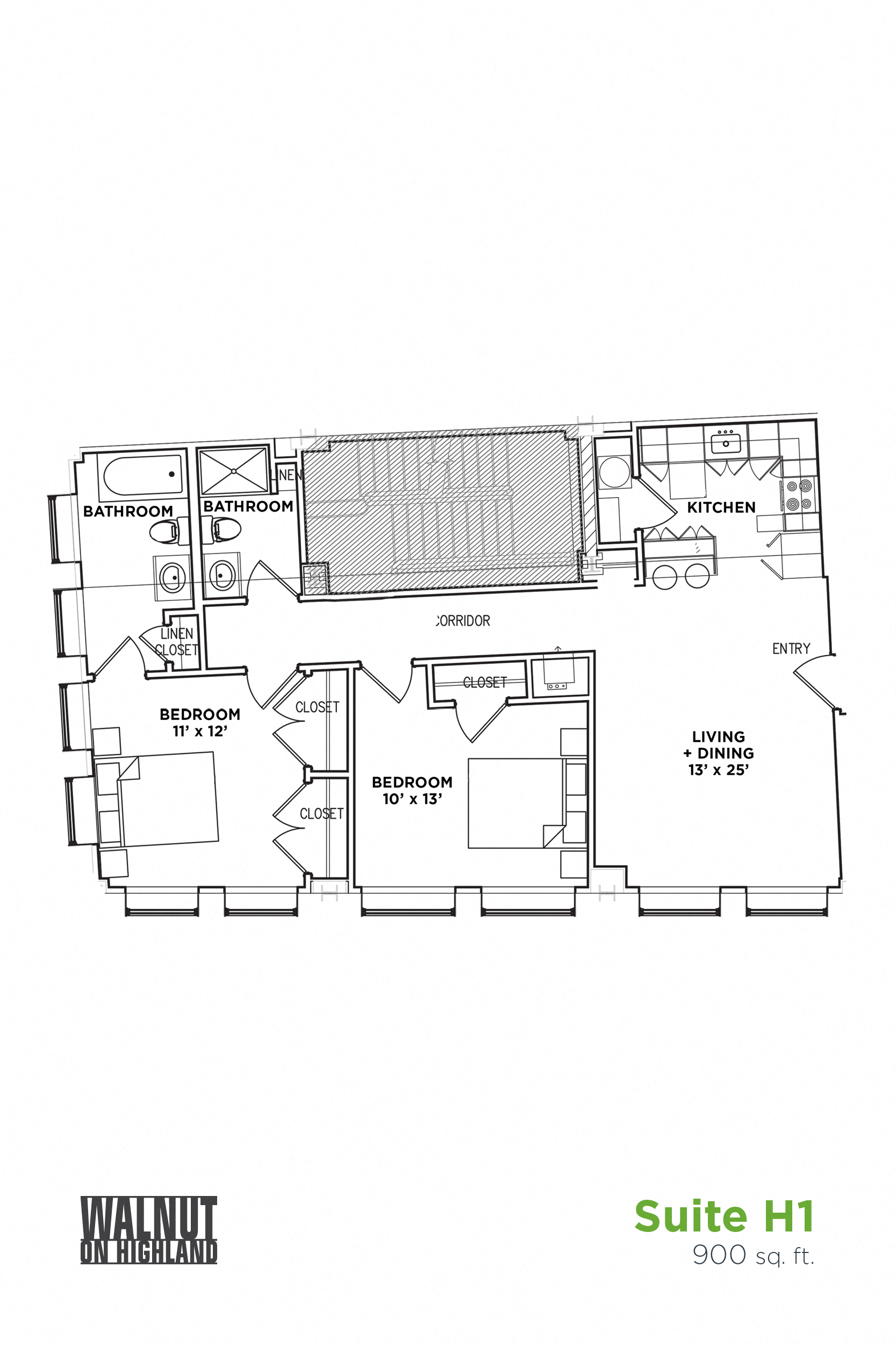 Floor plan for 2 beds, 2 baths, 900 sqft