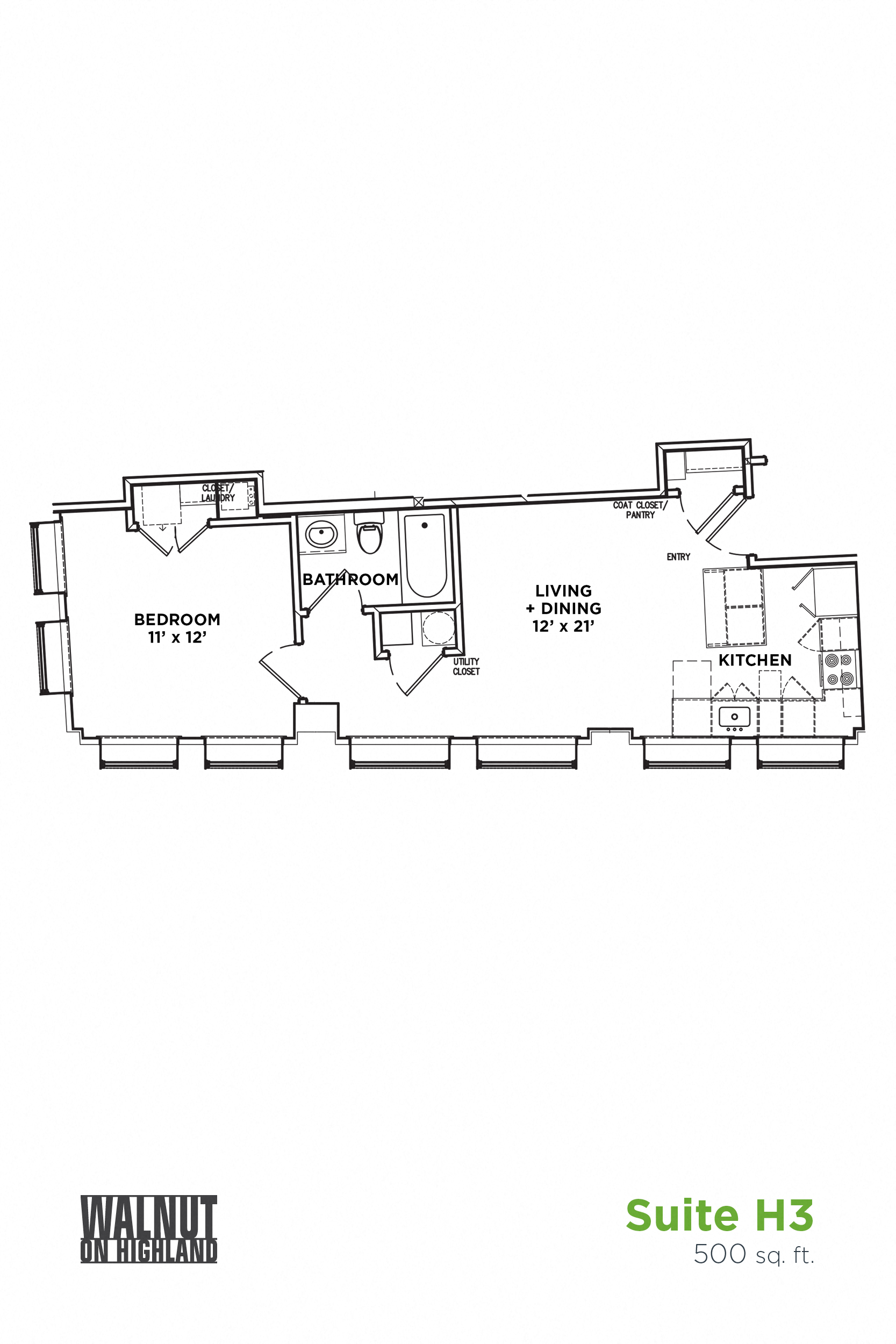 Floor plan for 1 bed, 1 bath, 500 sqft