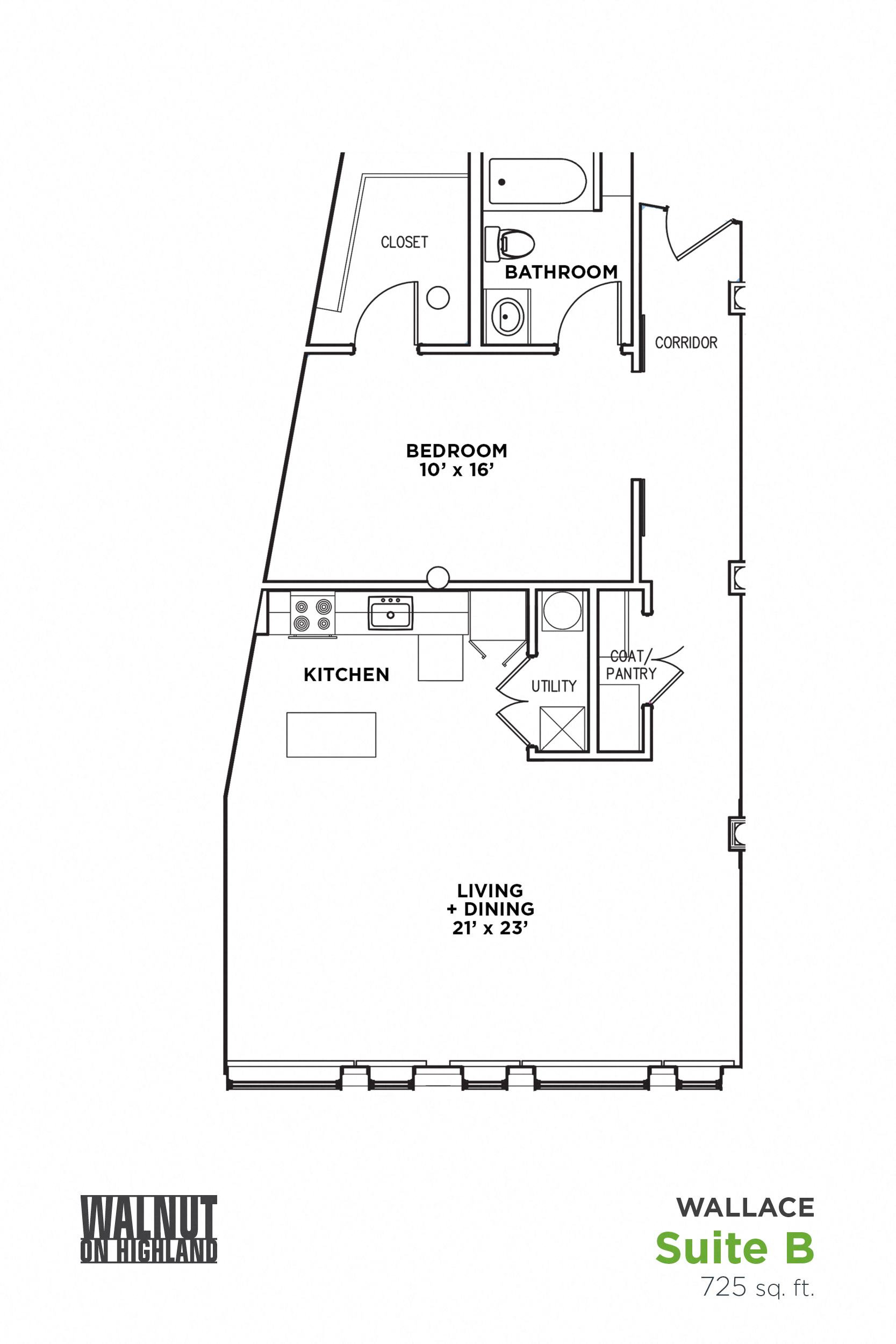 Floor plan for 1 bed, 1 bath, 725 sqft