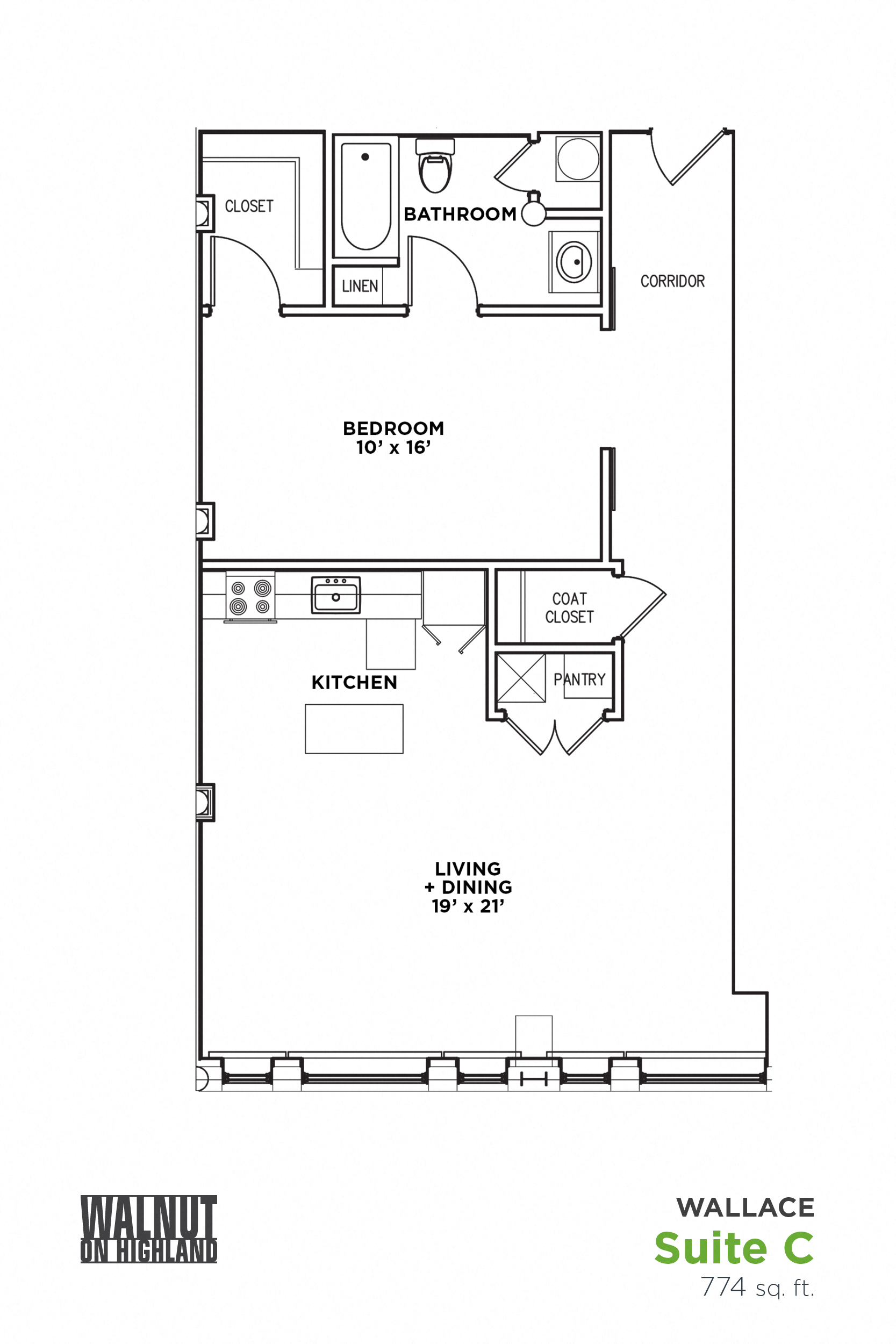 Floor plan for 1 bed, 1 bath, 774 sqft