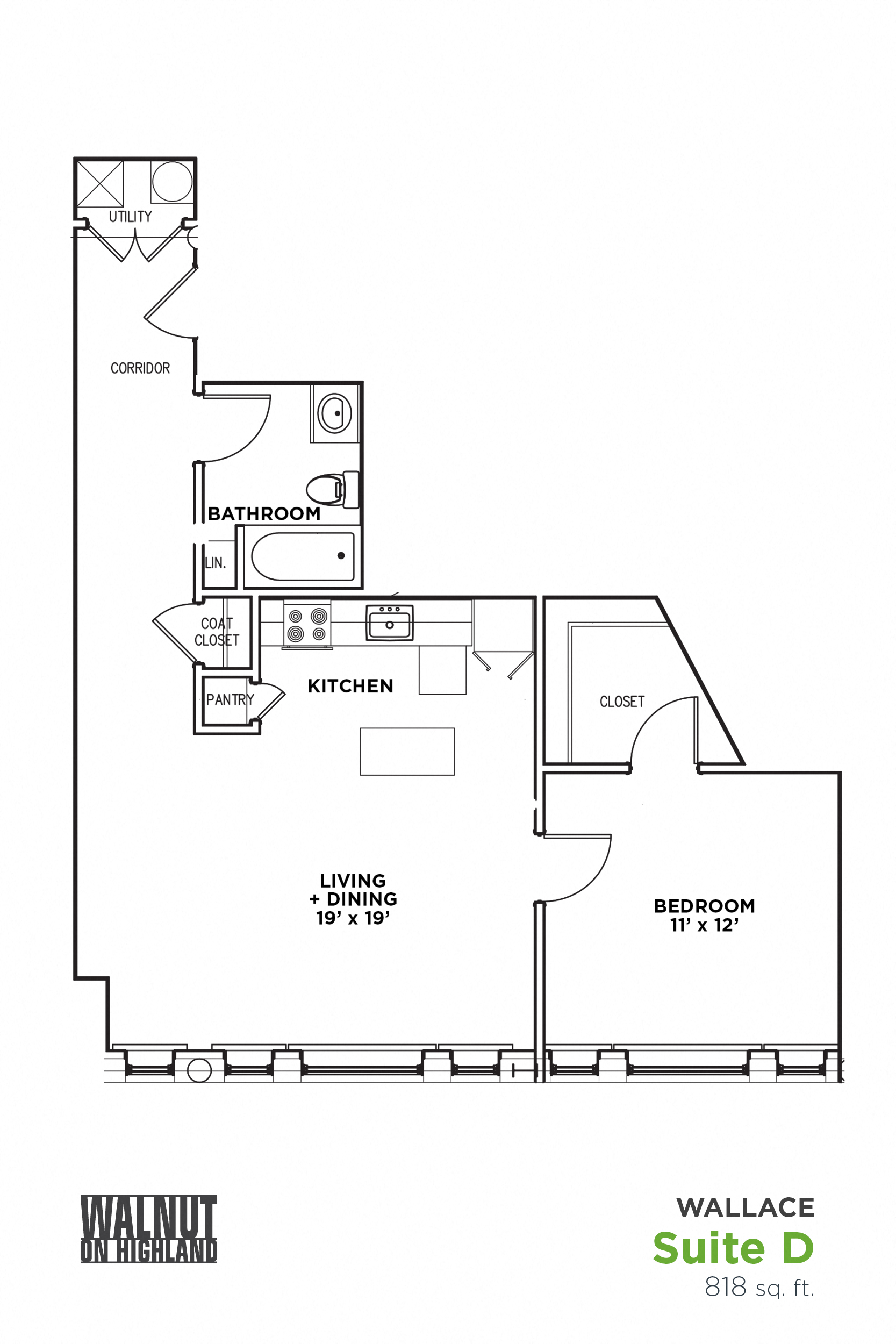 Floor plan for 1 bed, 1 bath, 818 sqft