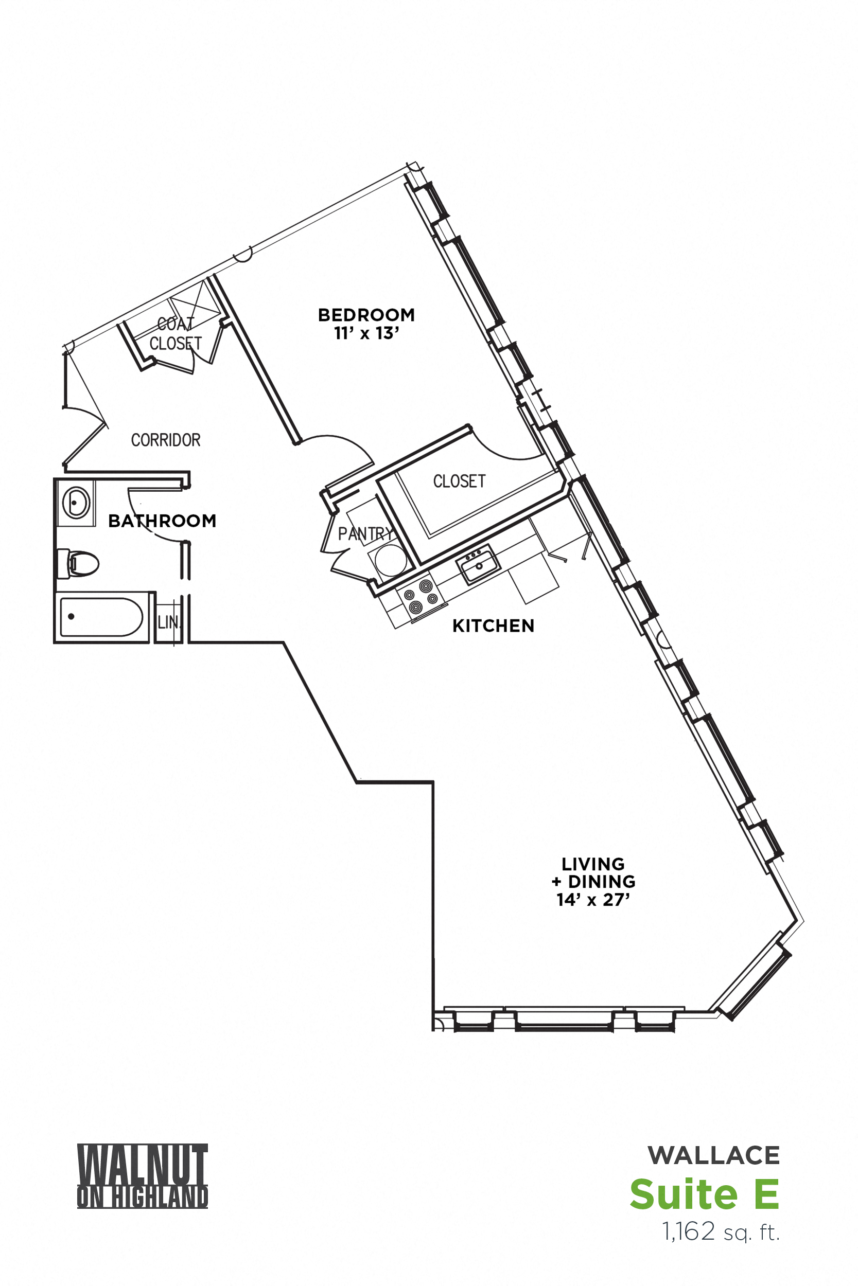 Floor plan for 1 bed, 1 bath, 811 sqft