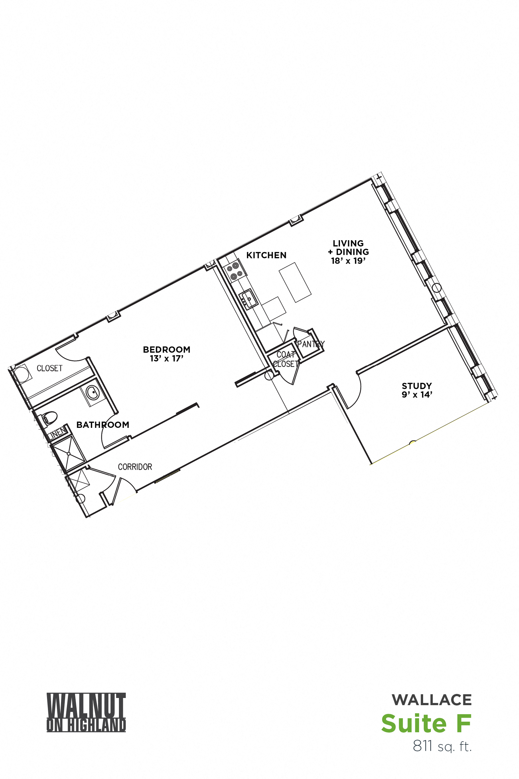 Floor plan for 1 bed, 1 bath, 811 sqft