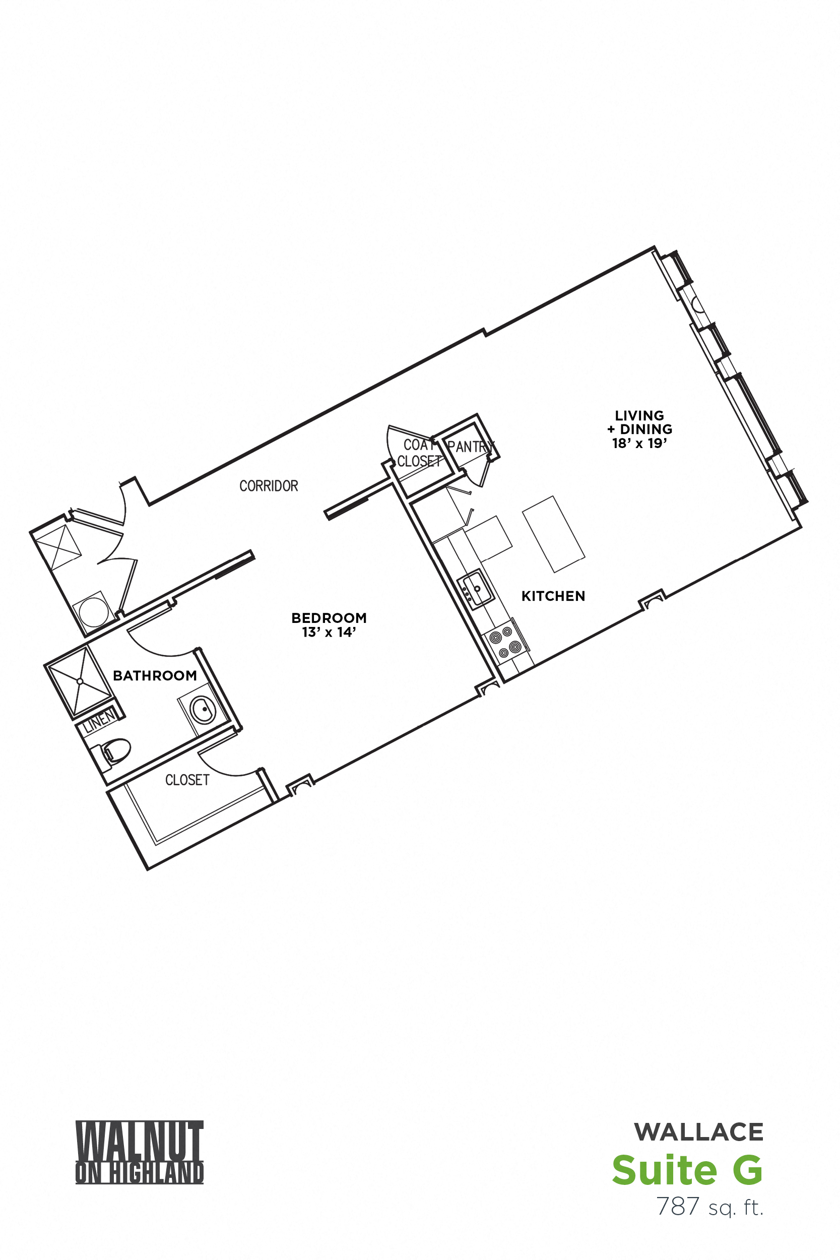 Floor plan for 1 bed, 1 bath, 787 sqft