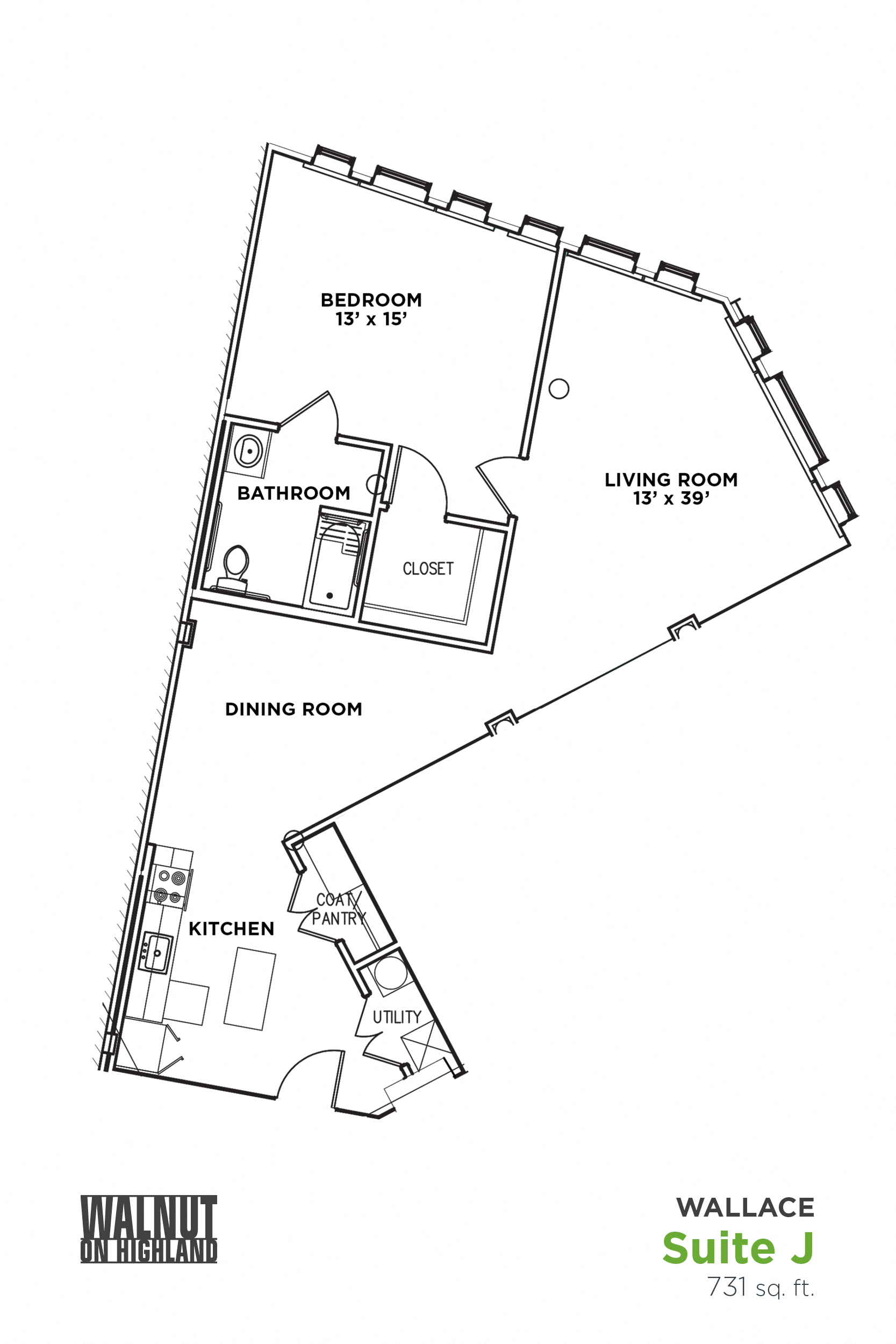 Floor plan for 1 bed, 1 bath, 731 sqft