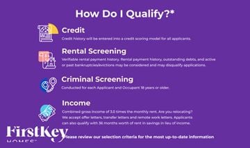 Chandler house for rent - A purple infographic outlining the qualification process for a service, including credit, rental, criminal screening, and income criteria.