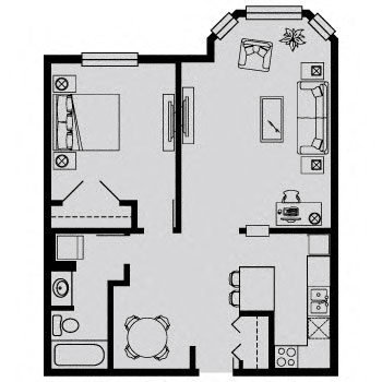 Floor plan for 1 bed, 1 bath, 800 sqft